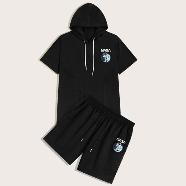 

Men Letter And Astronaut Print Hooded Tee With Drawstring Waist Shorts, Black