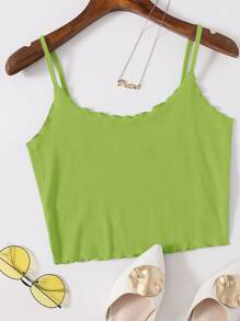 Muchica Lettuce Trim Rib-knit Crop Cami Top - Lime Green - View 1