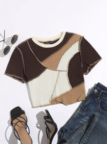Muchica Top asimétrico de color combinado con puntada en contraste - Multicolor - Ver 1