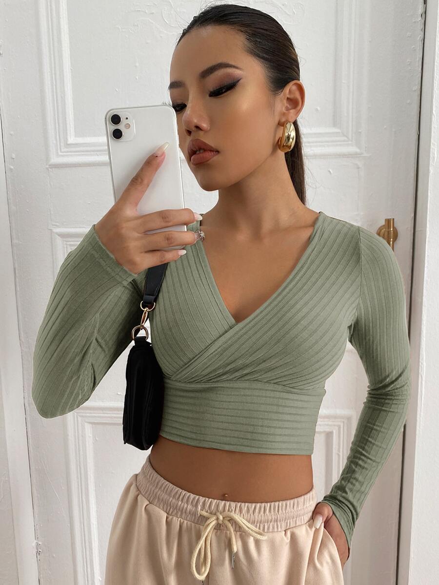 SHEIN EZwear Surplice Neck Rib-knit Crop Tee - Army Green - View 1