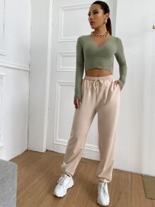 SHEIN EZwear Surplice Neck Rib-knit Crop Tee - Army Green - View 3