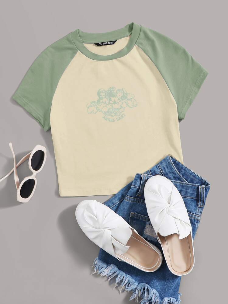 SHEIN Qutie Letter and Angel Print Raglan Sleeve Tee - Multicolor - View 1