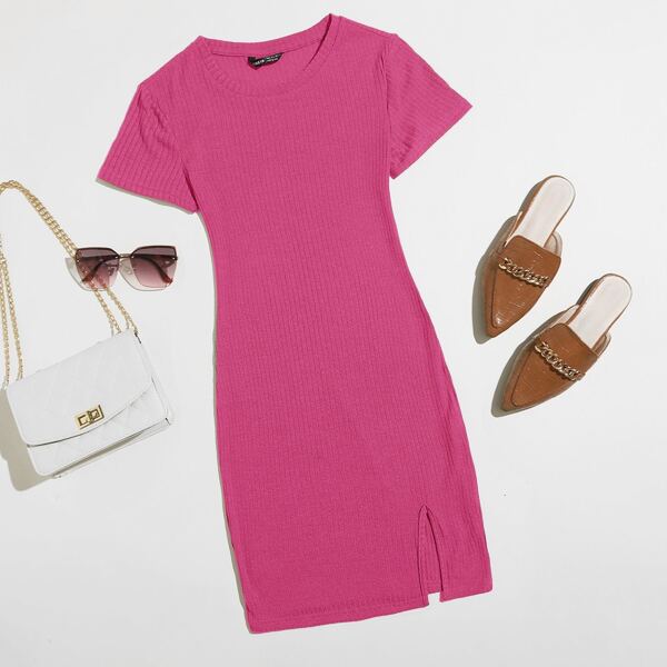 

Rib-knit Split Hem Bodycon Dress, Hot pink