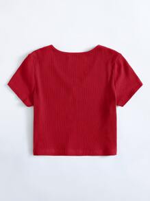 SHEIN EZwear V-Neck Rib-knit Top - Red - View 2