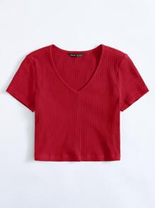 SHEIN EZwear V-Neck Rib-knit Top - Red - View 3