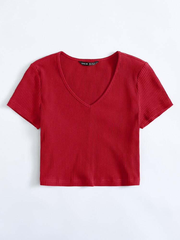 SHEIN EZwear V-Neck Rib-knit Top - Red - View 3