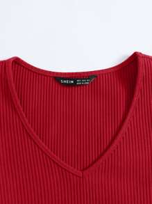 SHEIN EZwear V-Neck Rib-knit Top - Red - View 4