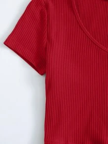 SHEIN EZwear V-Neck Rib-knit Top - Red - View 5