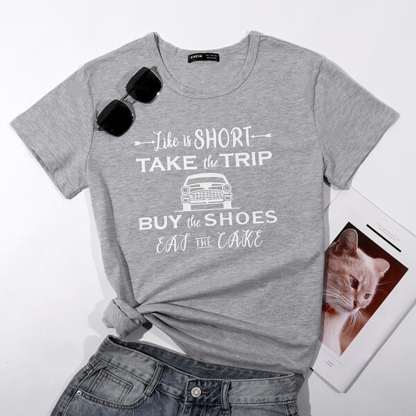 

Slogan and Car Print Tee, Light grey