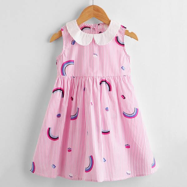 

Toddler Girls Striped & Cartoon Graphic Peter Pan Collar Smock Dress, Pink