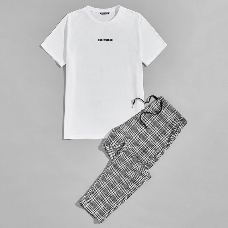 

Guys Letter Graphic Tee & Houndstooth Pants Set, Black and white
