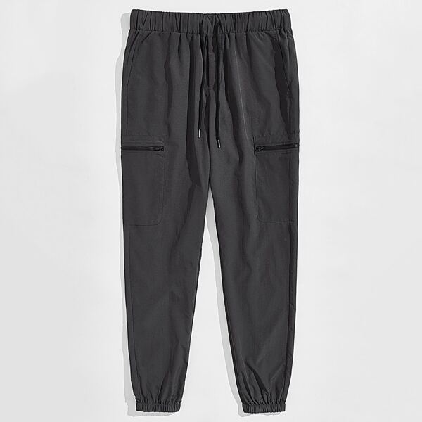 

Men Drawstring Waist Zipper Pocket Pants, Dark grey