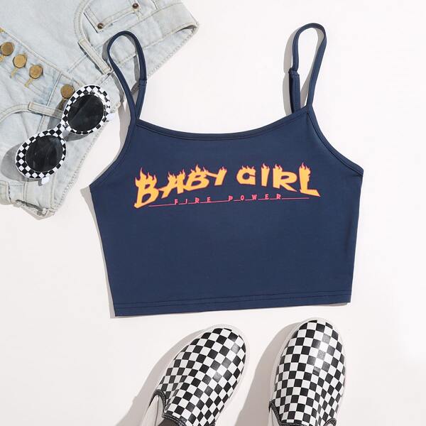 

Letter Graphic Crop Cami Top, Navy blue
