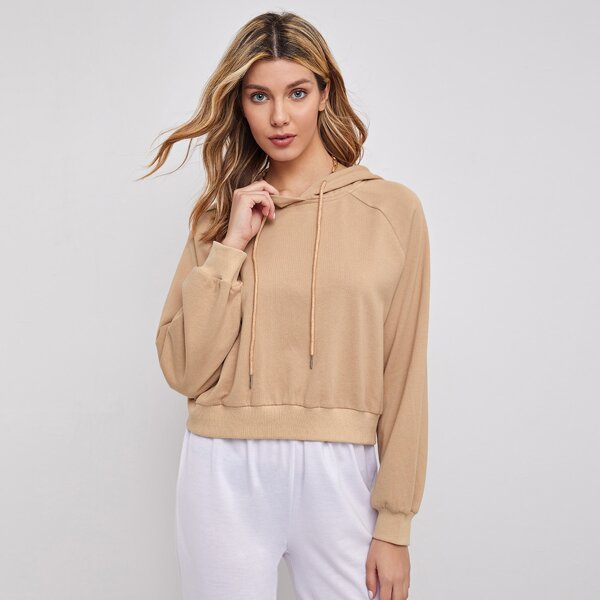 

Drawstring Detail Raglan Sleeve Solid Hoodie, Khaki