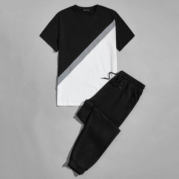 

Men Colorblock Tee & Joggers Set, Black and white