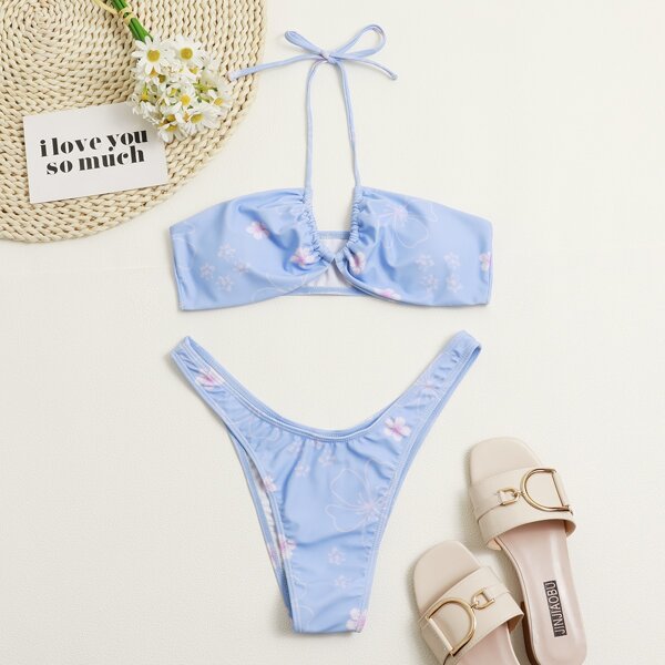 

Floral Bandeau High Cut Bikini Swimsuit, Baby blue