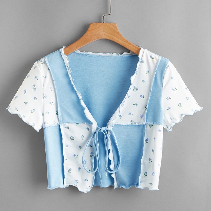 

Ditsy Floral Lettuce Edge Crop Top, Blue and white