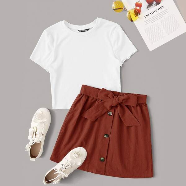 

Short Sleeve Top & Buttoned Tie Front Skirt Set, Multicolor