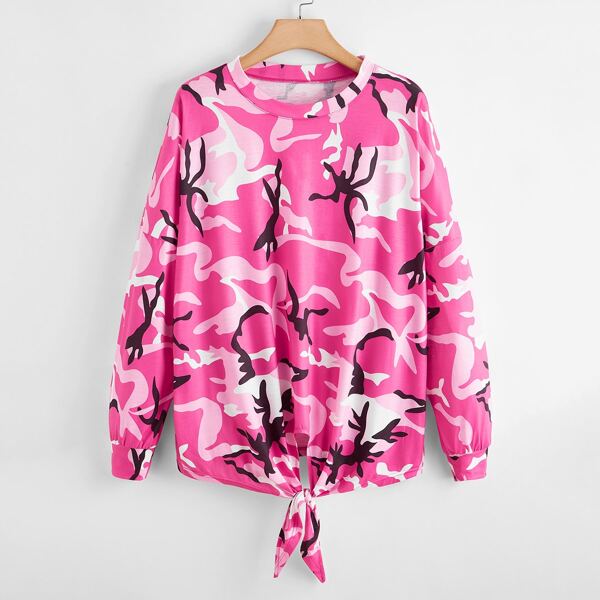 

Plus Camo Print Knot Hem Sweatshirt, Pink