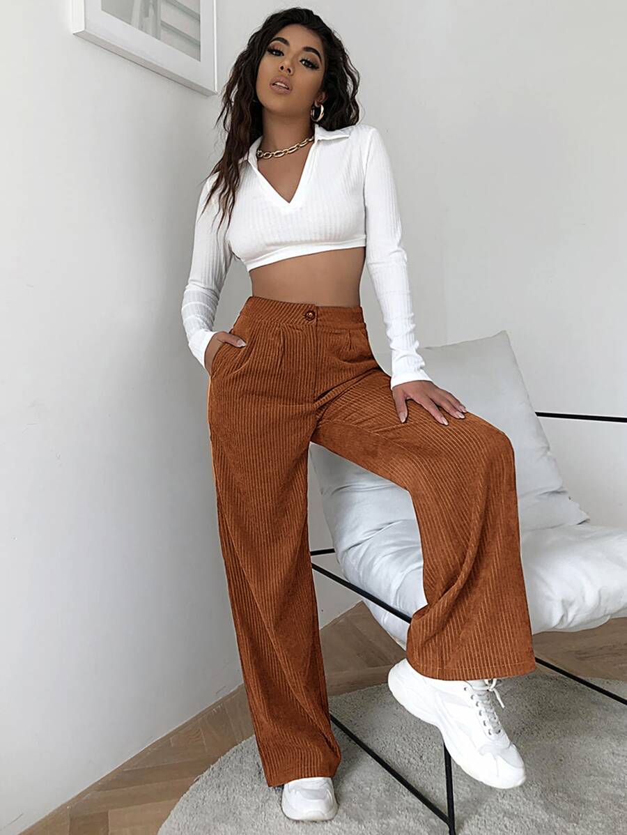 SHEIN EZwear High Waist Cord Wide Leg Pants - Brown - View 1