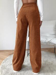 SHEIN EZwear High Waist Cord Wide Leg Pants - Brown - View 2