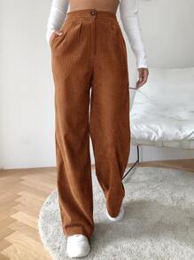 SHEIN EZwear High Waist Cord Wide Leg Pants - Brown - View 3