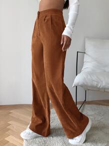SHEIN EZwear High Waist Cord Wide Leg Pants - Brown - View 4