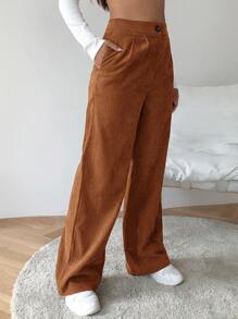 SHEIN EZwear High Waist Cord Wide Leg Pants - Brown - View 5