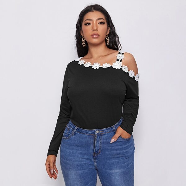 

Plus Appliques Asymmetrical Neck Tee, Black