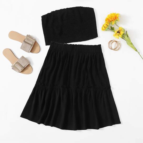 

Plus Shirred Bandeau With Ruffle Hem Skirt, Black