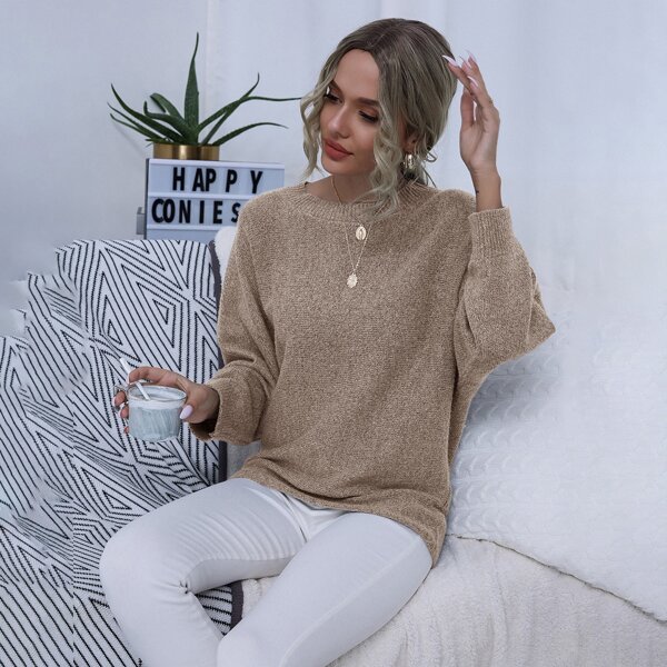 

Batwing Sleeve Solid Sweater, Apricot