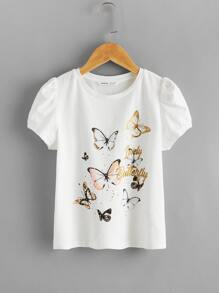 SHEIN Girls Puff Sleeve Butterfly Print Top - White - View 1