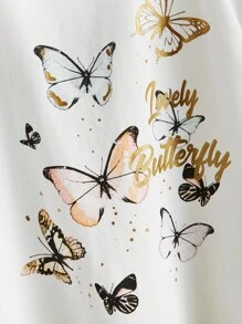 SHEIN Girls Puff Sleeve Butterfly Print Top - White - View 3