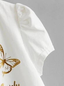 SHEIN Girls Puff Sleeve Butterfly Print Top - White - View 4