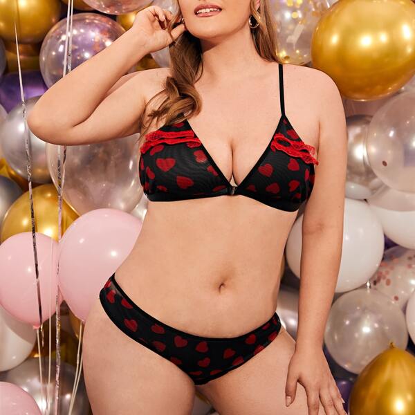 

Plus Heart Print Mesh Lingerie Set, Multicolor