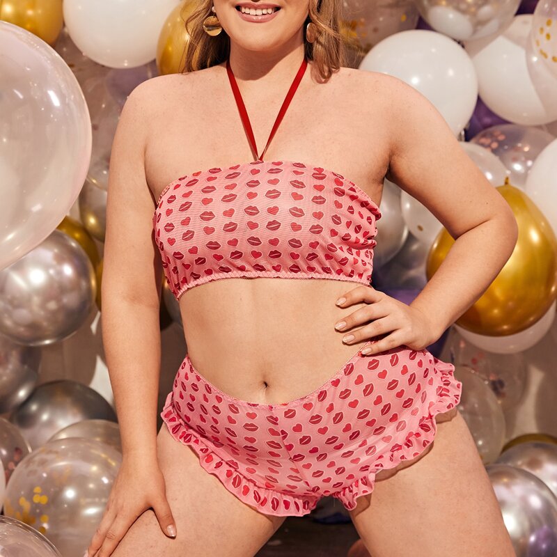 

Plus Lip Print Mesh Lingerie Set, Pink