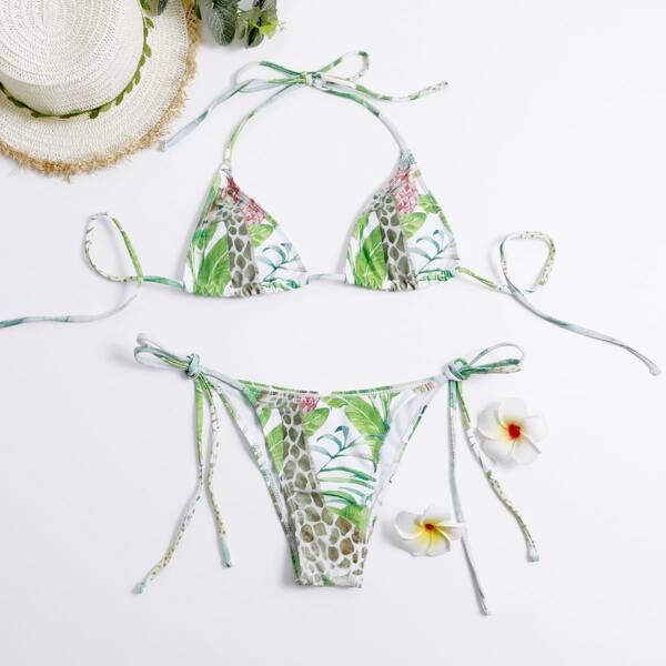

Giraffe & Tropical Micro Triangle Bikini Swimsuit, Green