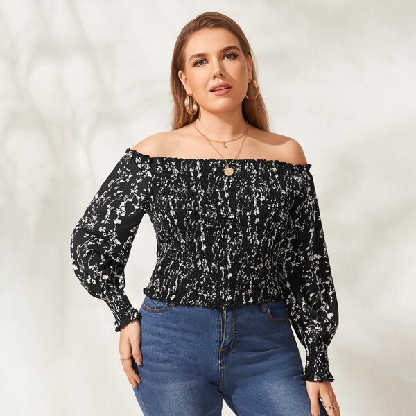 

Plus Ditsy Floral Frill Trim Shirred Bardot Blouse, Black
