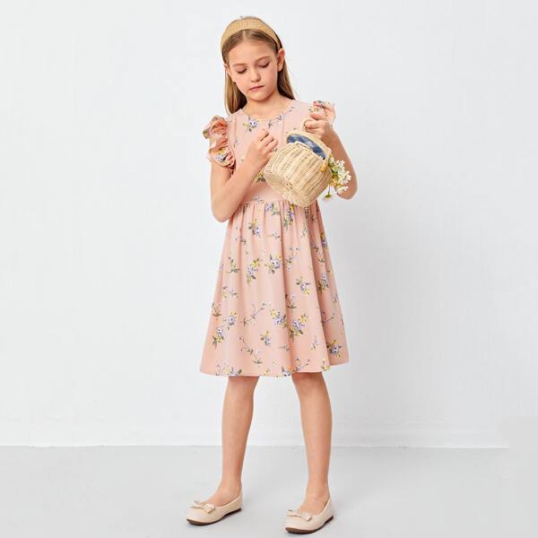 

Girls Flutter Sleeve Floral Print Dress, Baby pink