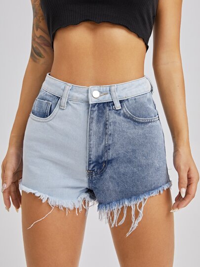 Two Tone Raw Hem Denim Shorts