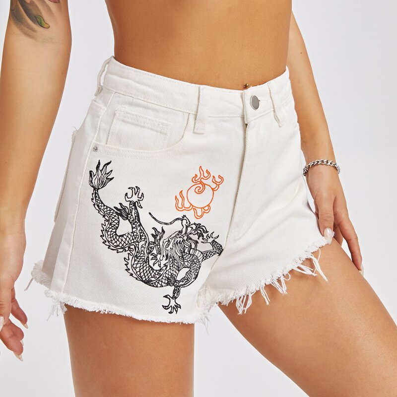 

Chinese Dragon Print Raw Hem Denim Shorts, White
