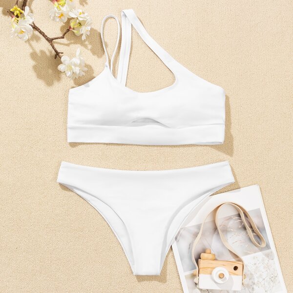 

Cut-out One Shoulder Bikini Swimsuit, White