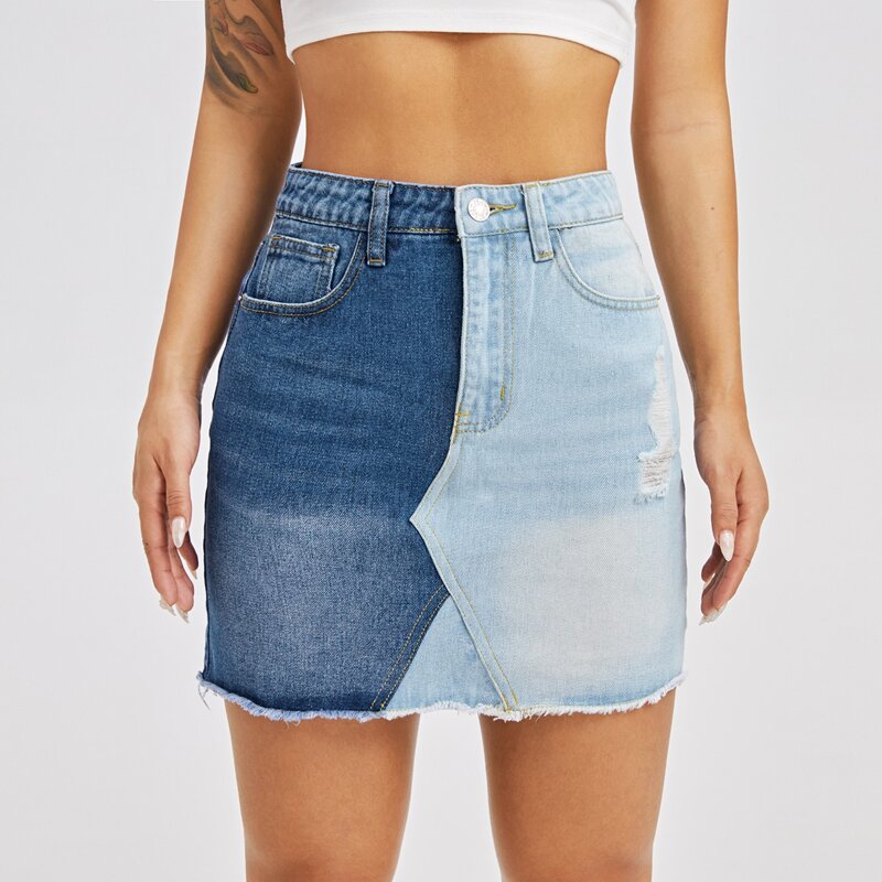 

Ripped Raw Hem Bodycon Denim Skirt, Medium wash