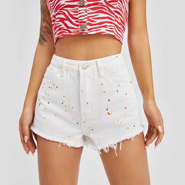 

Splash Print Raw Hem Denim Shorts, White