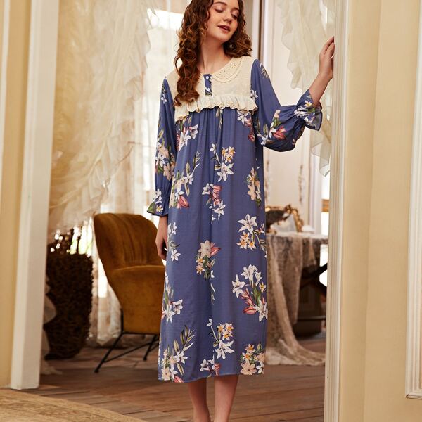 

Floral Print Doll Collar Night Dress, Multicolor