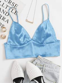 SHEIN ICON Shirred Back Satin Bralette Top - Baby Blue - View 1
