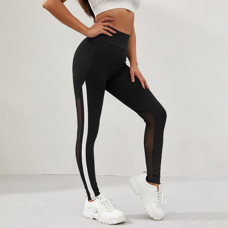 

Contrast Panel Mesh Insert Leggings, Black