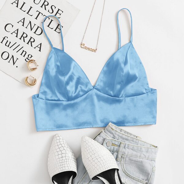 

Shirred Back Satin Bralette Top, Baby blue