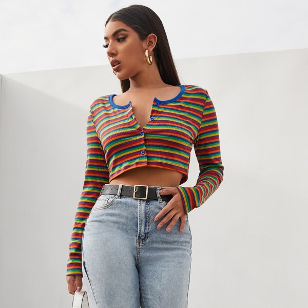 

Rib Rainbow Striped Button Up Tee, Multicolor