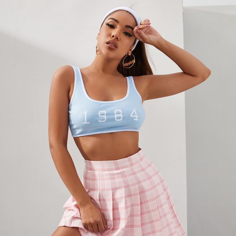 

Number Print Crop Tank Top, Baby blue